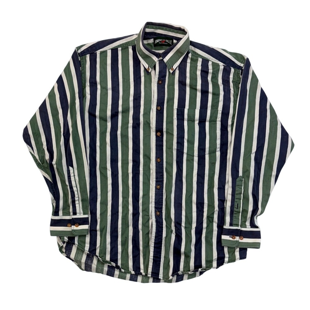 Vintage American Eagle Striped Button Down Shirt Mens Large Green Navy Blue L
